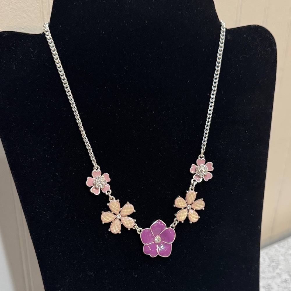 Purple, Pink, Beige Flower Floral Necklace Rhinestone Accents 19" Adjustable